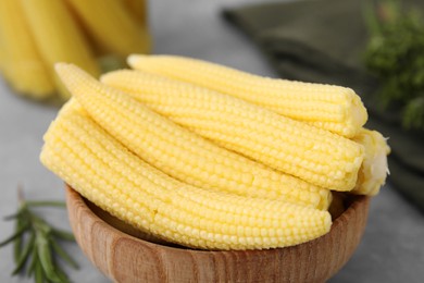 Photo of Tasty fresh yellow baby corns in bowl on grey table, closeup