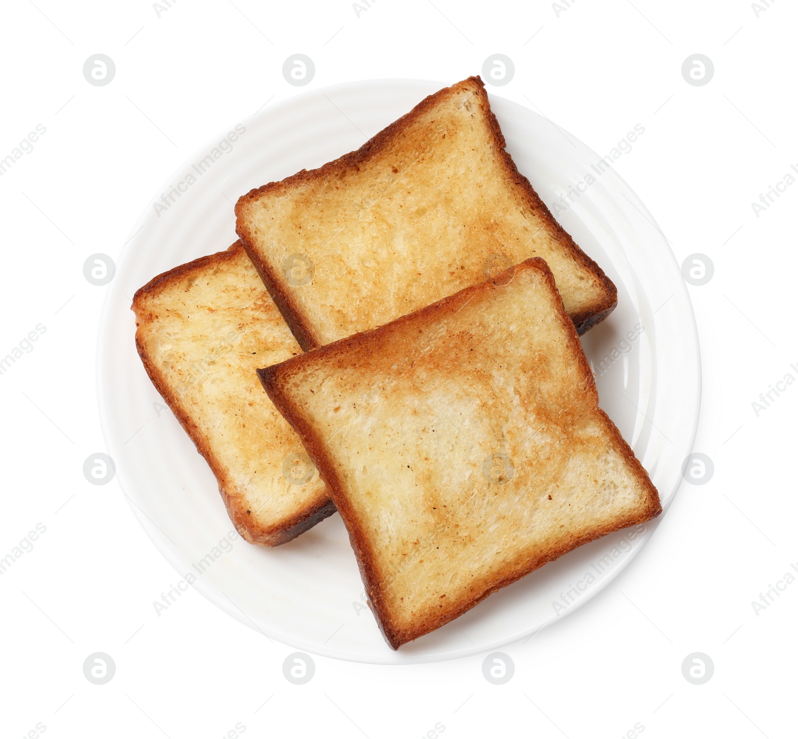 Photo of Pieces of fresh toast bread isolated on white, top view