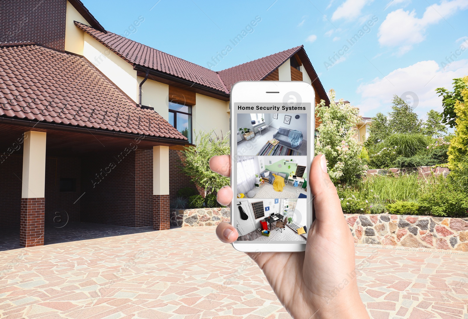 Image of Alarm system. Woman monitoring modern CCTV cameras on smartphone near her house, closeup