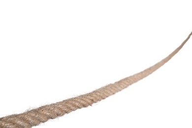 Photo of Strong nautical cotton rope on white background