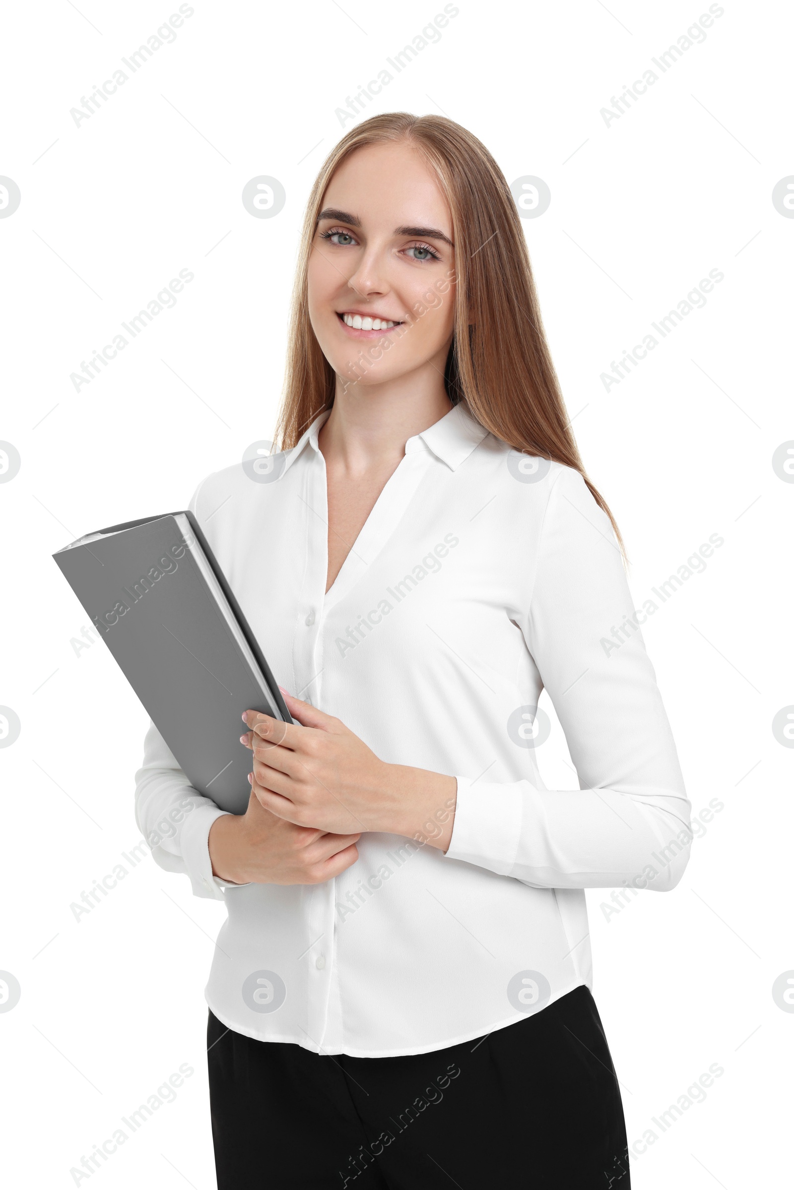 Photo of Happy young secretary with folder on white background