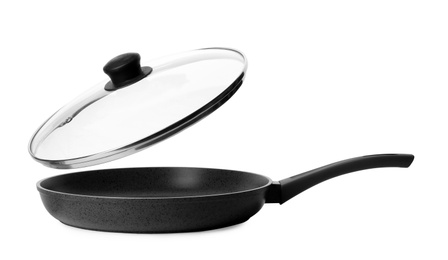 Photo of Empty modern frying pan with lid isolated on white