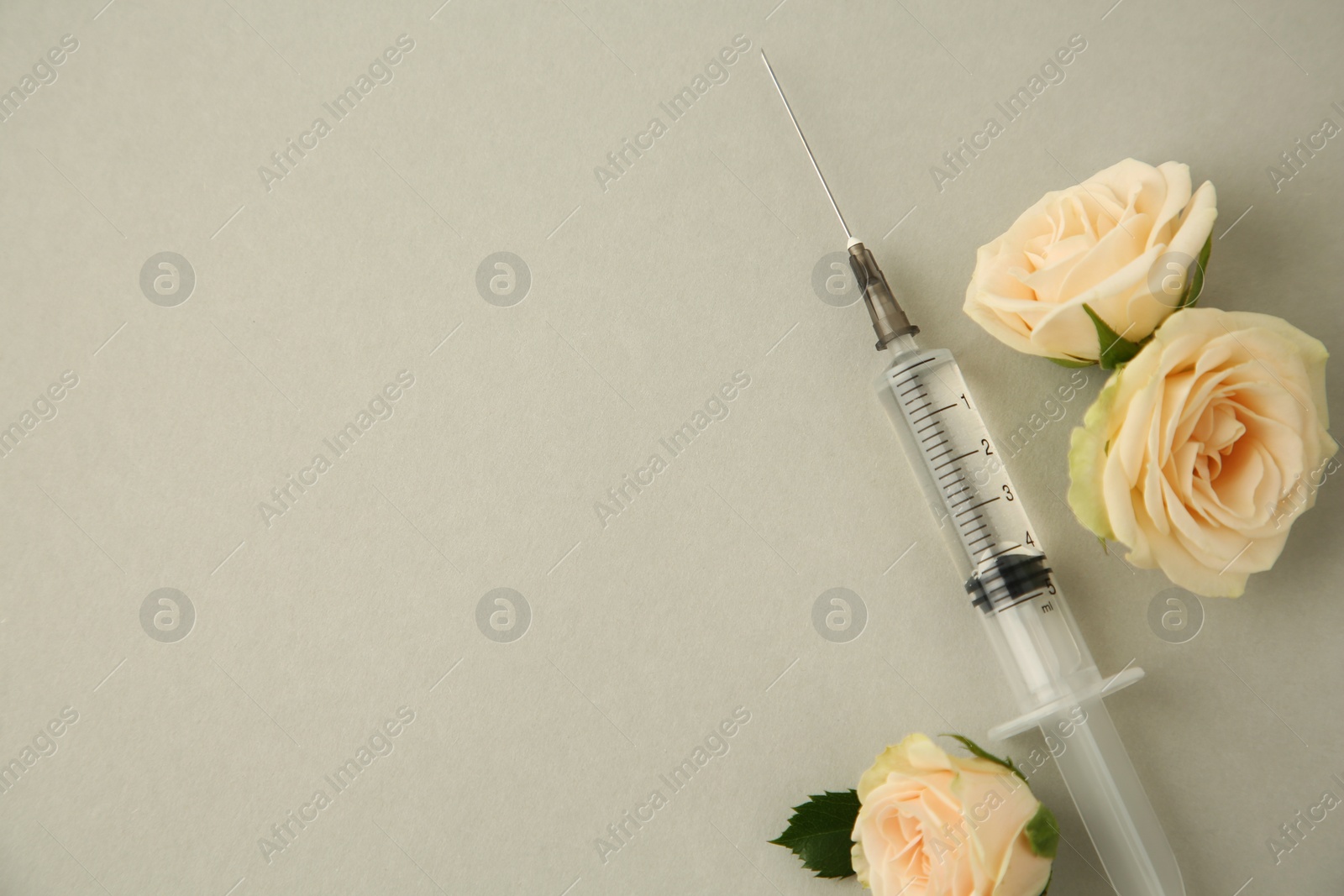 Medical syringe and rose flowers on light grey background, flat lay. Space for text Photo of Medical syringe and rose flowers on light grey background, flat lay. Space for text