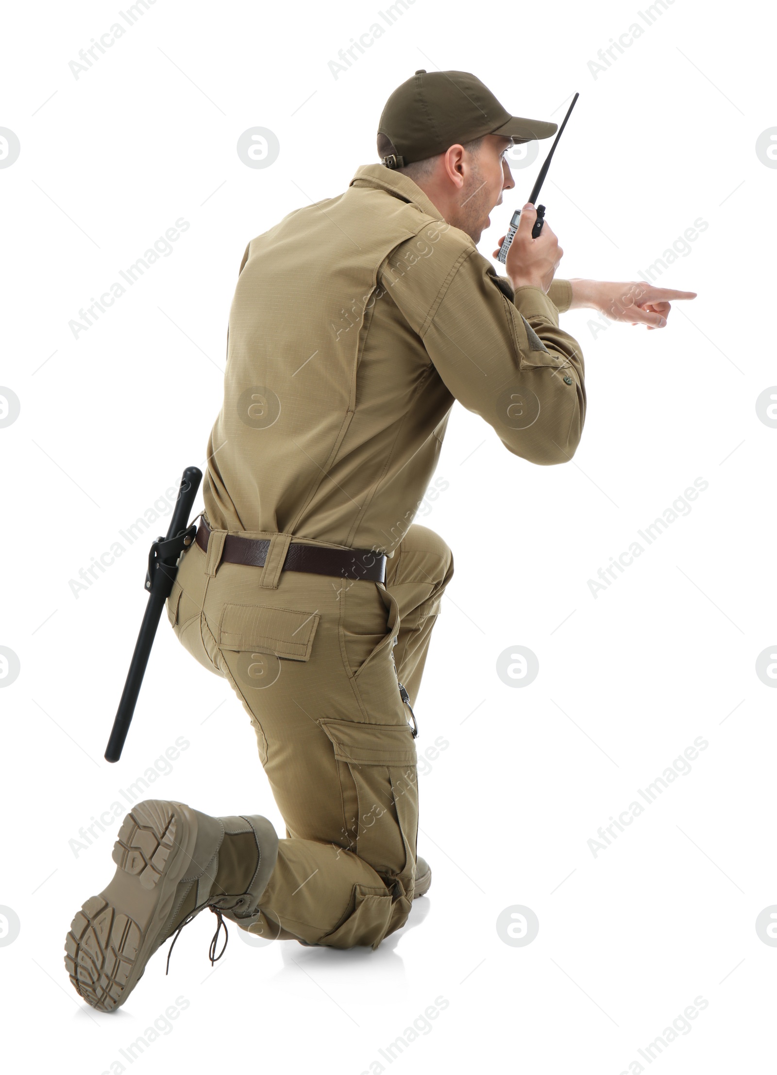 Photo of Male security guard using portable radio transmitter on white background