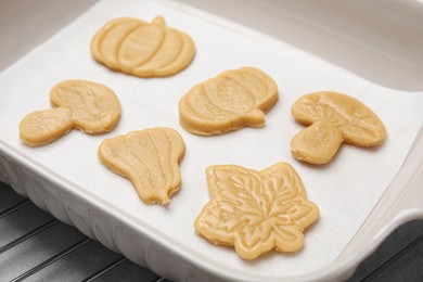 Photo of Unbaked cookies of different shapes in dish, closeup
