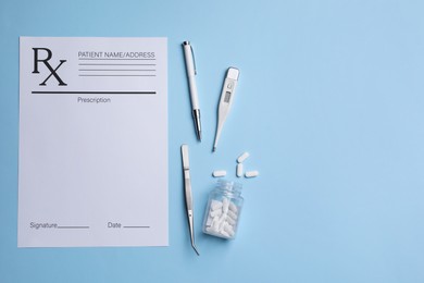 Medical prescription form, tweezers, pills and thermometer on light blue background, flat lay. Space for text