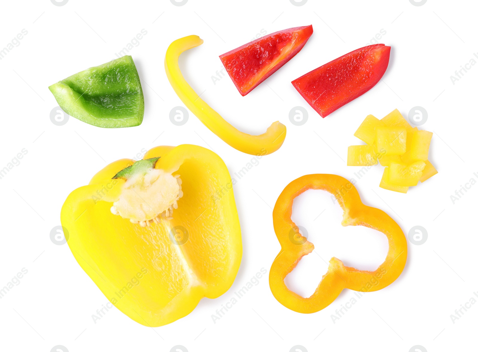 Photo of Different juicy bell peppers on white background