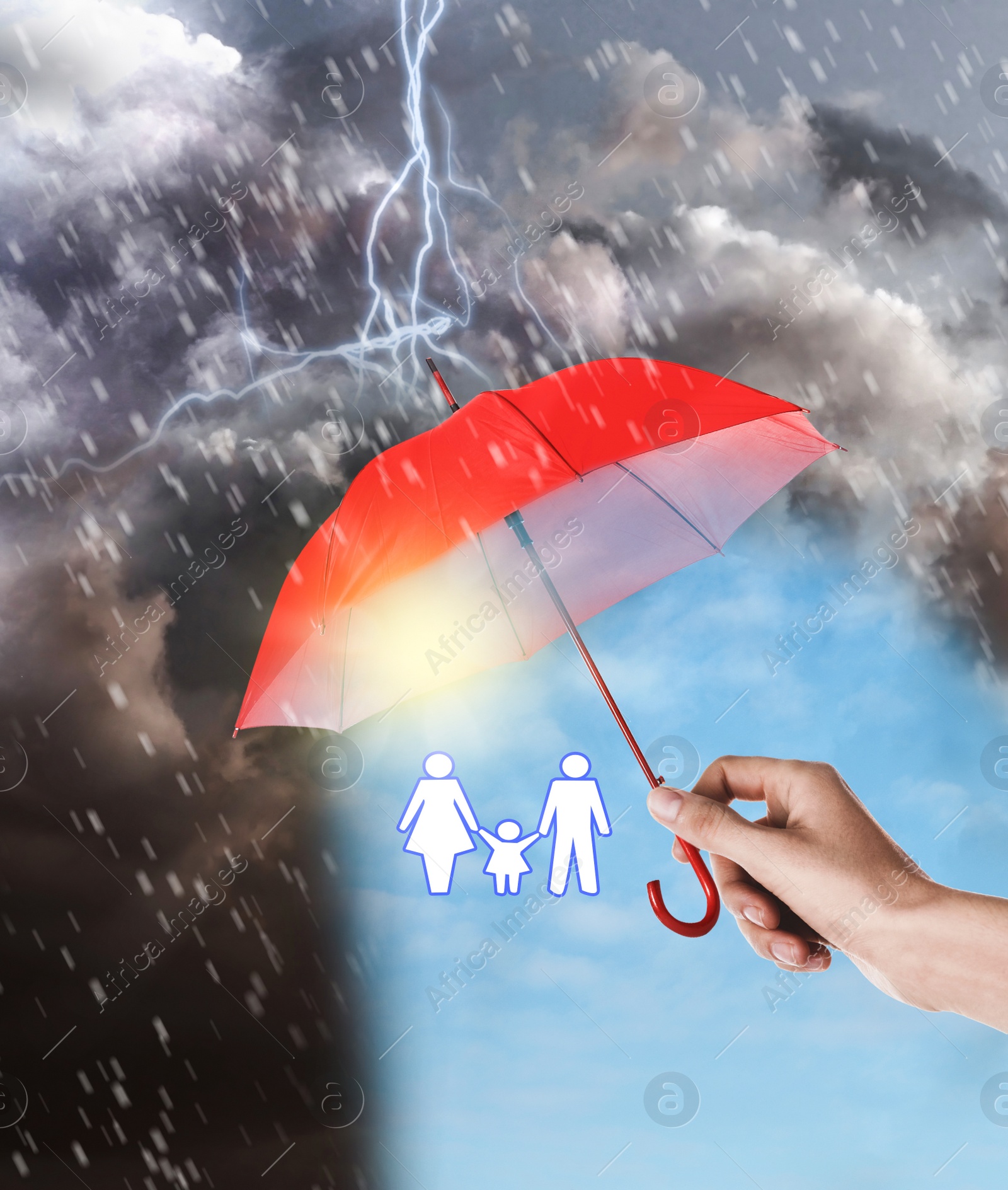 Image of Insurance concept. Woman covering family illustration with red umbrella during storm, closeup