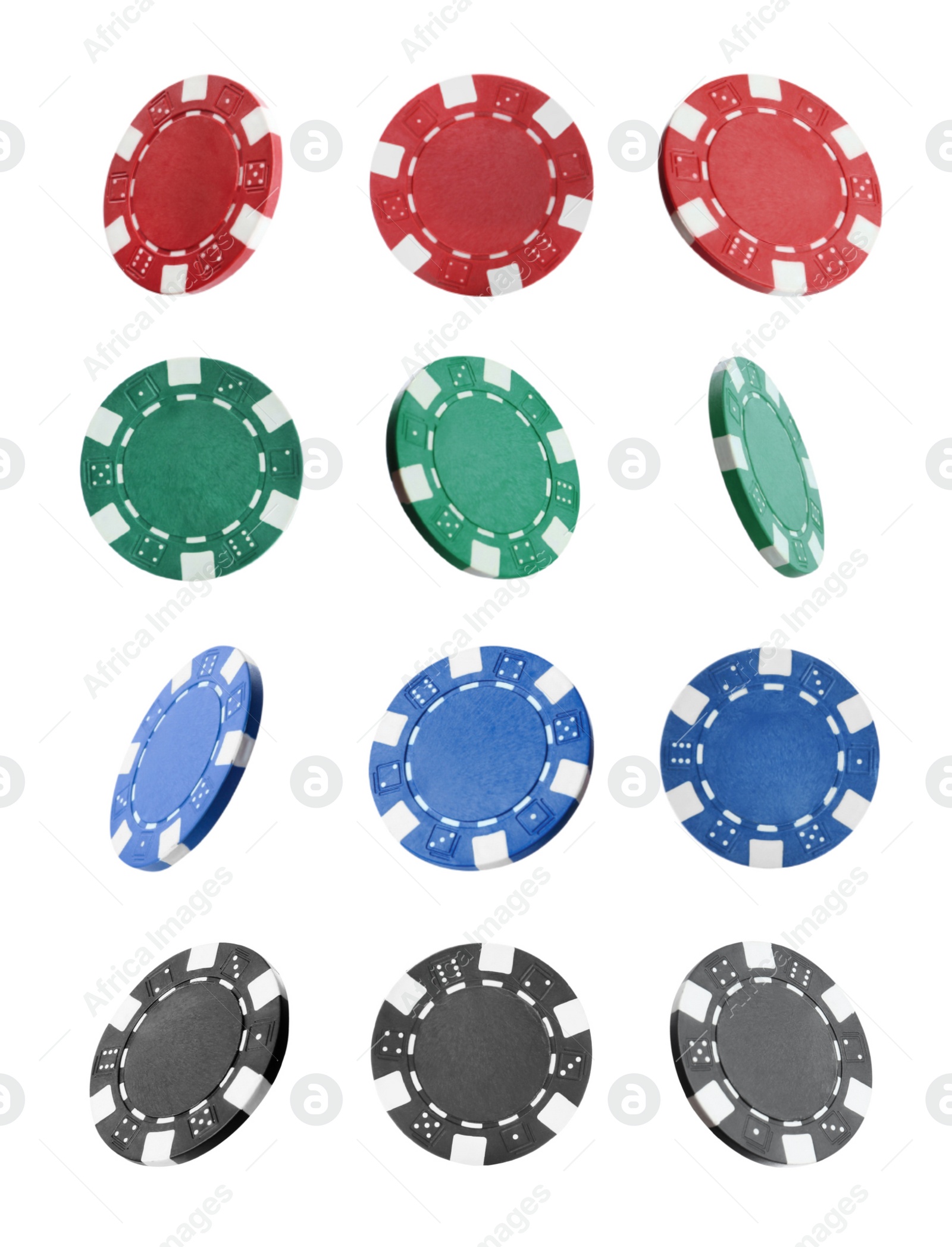 Image of Set with different casino chips on white background 