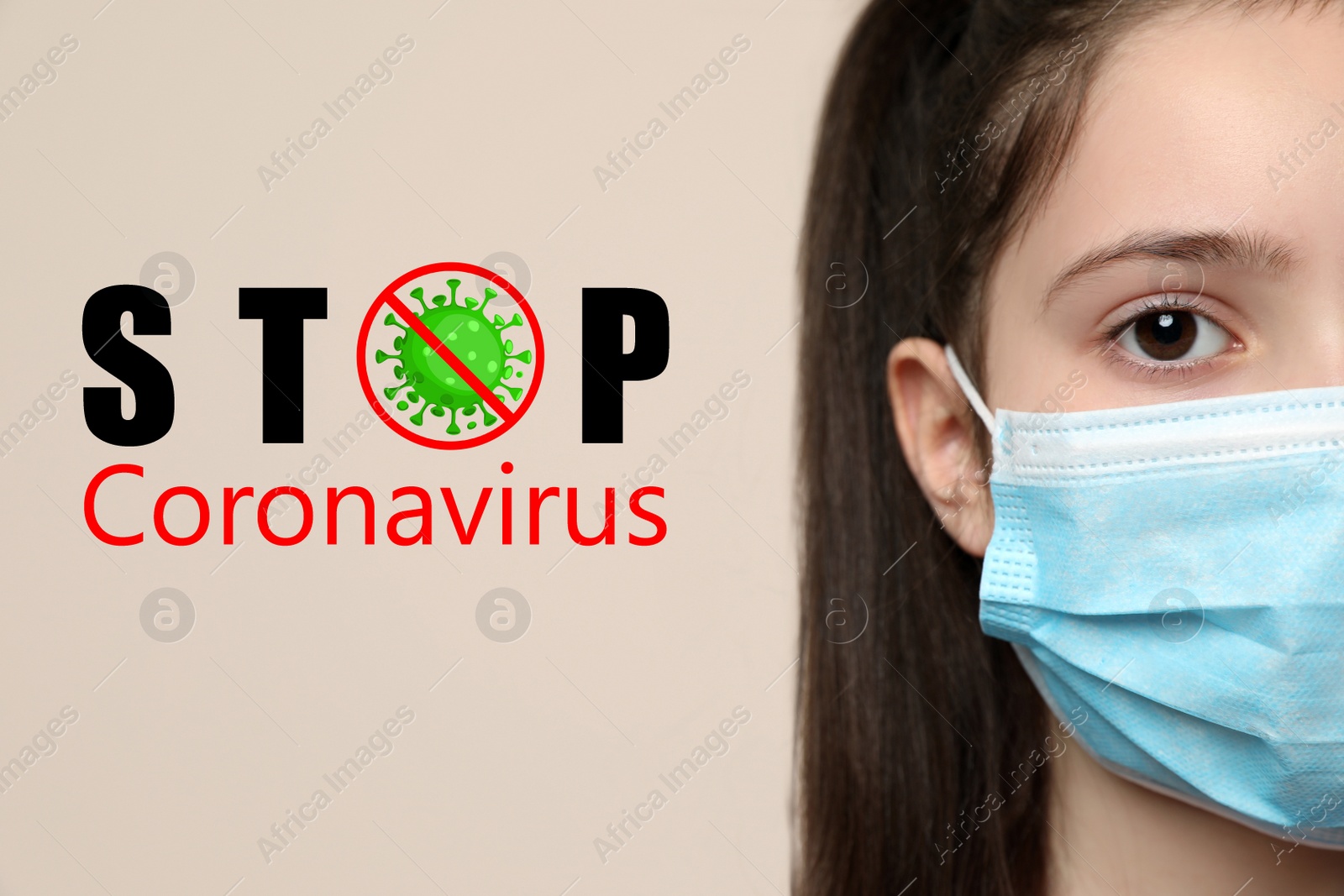 Image of Stop Coronavirus text near little girl wearing medical mask on beige background, closeup. Protective measures during pandemic
