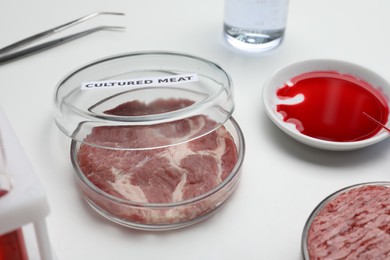 Photo of Sample of cultured meat on white lab table