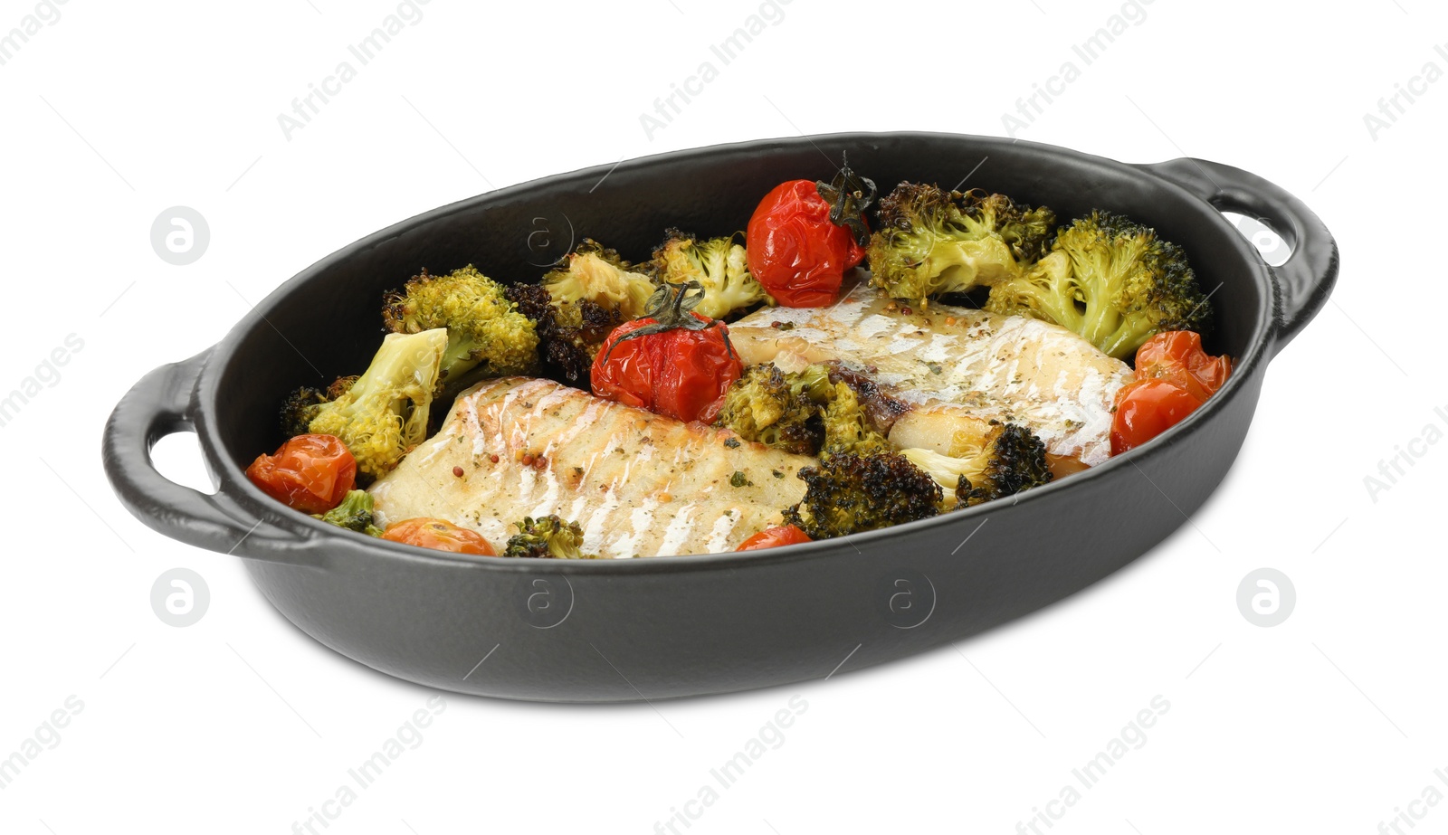 Photo of Tasty cod cooked with vegetables in baking tray isolated on white