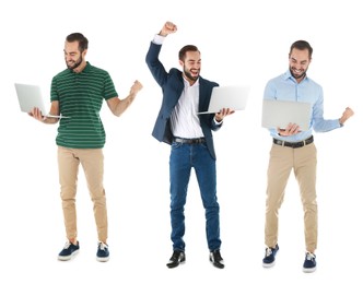 Image of Collage with photos of man holding modern laptops on white background