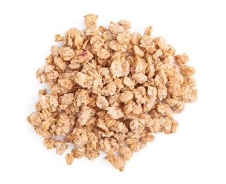 Image of Heap of tasty crispy granola on white background, top view