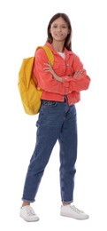 Photo of Teenage girl with books and backpack on white background