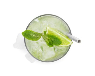 Photo of Glass of refreshing drink with lime and mint isolated on white, top view