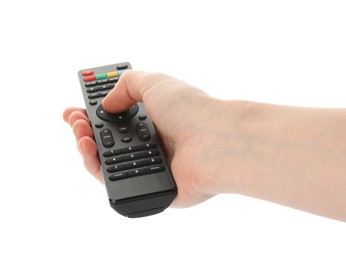 Photo of Woman holding remote control on white background, closeup