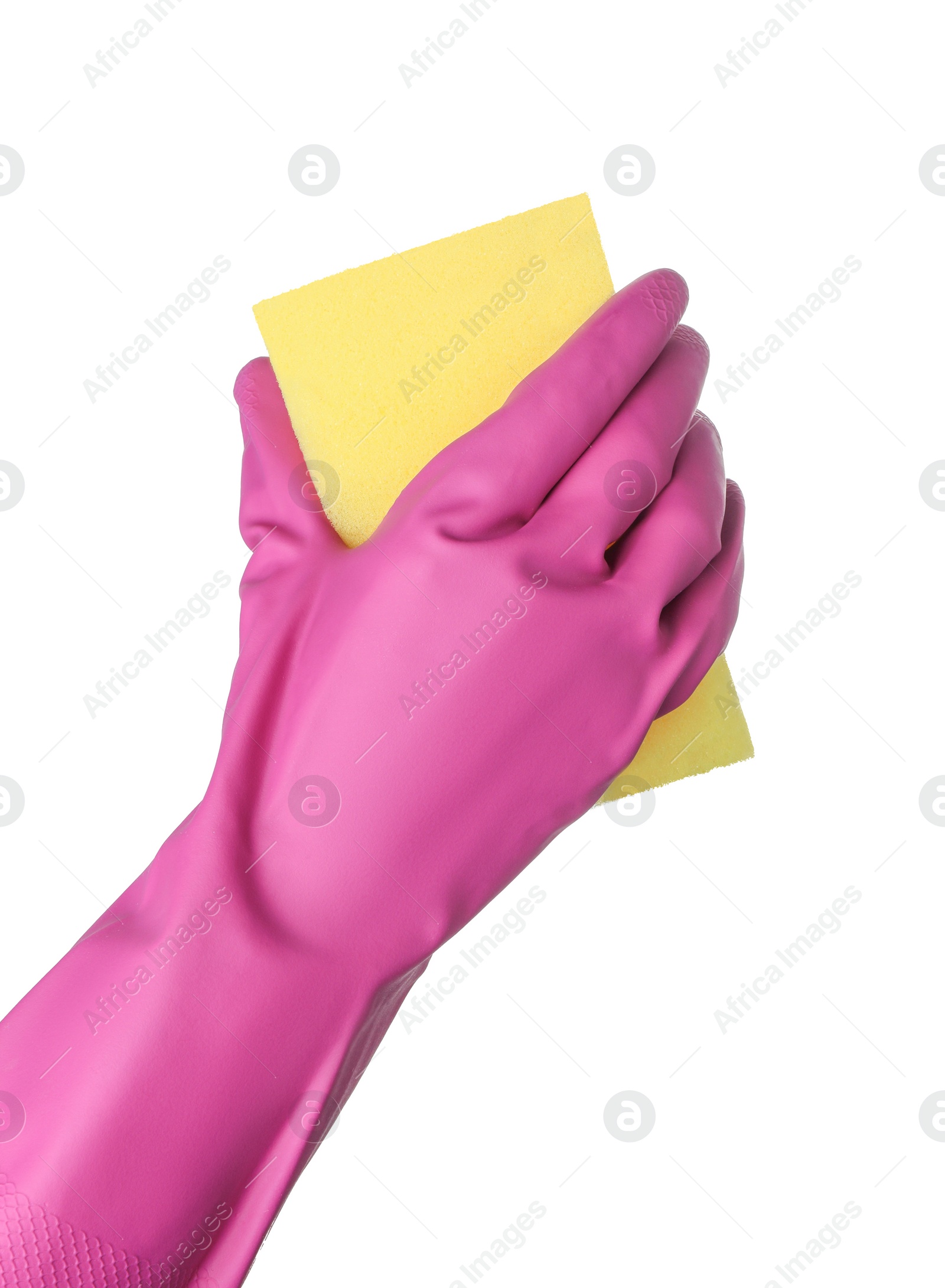 Photo of Cleaner in rubber glove holding new yellow sponge on white background, closeup