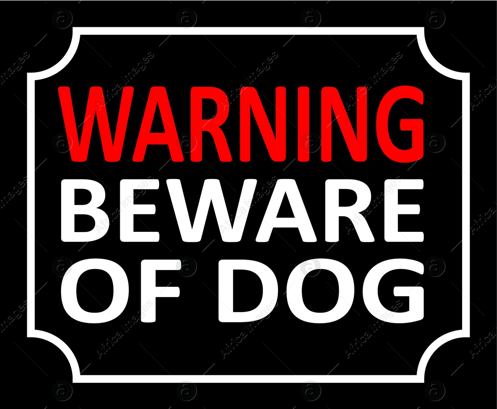 Illustration of Sign WARNING BEWARE OF DOG, black background. Illustration