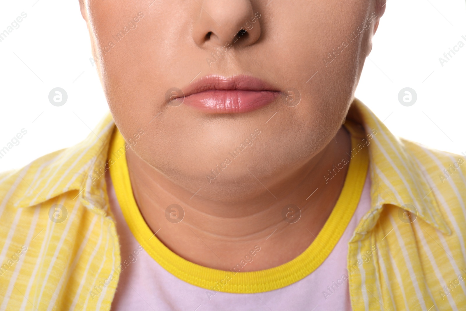 Photo of Woman with double chin on white background, closeup