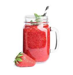 Photo of Tasty strawberry smoothie with mint in mason jar isolated on white