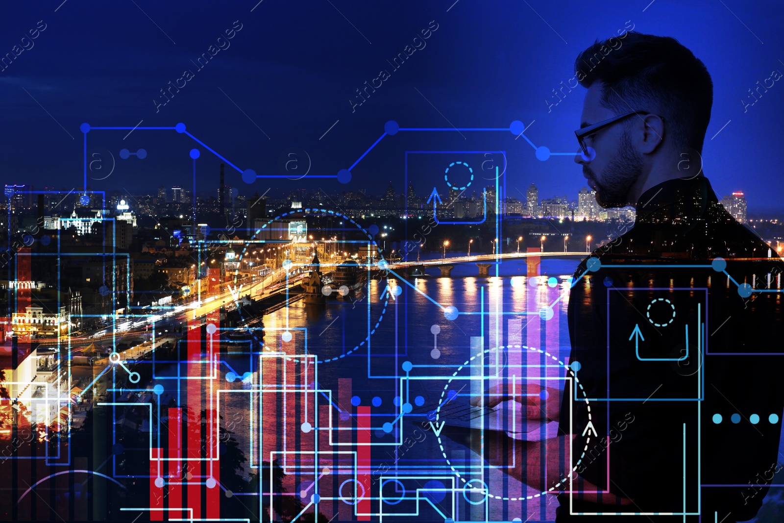 Image of Multiple exposure of businessman, graph and night cityscape