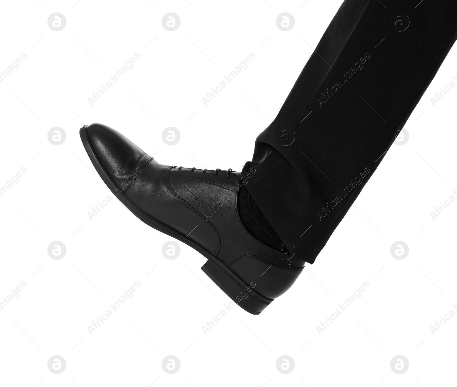 Photo of Businessman in leather shoes on white background, closeup