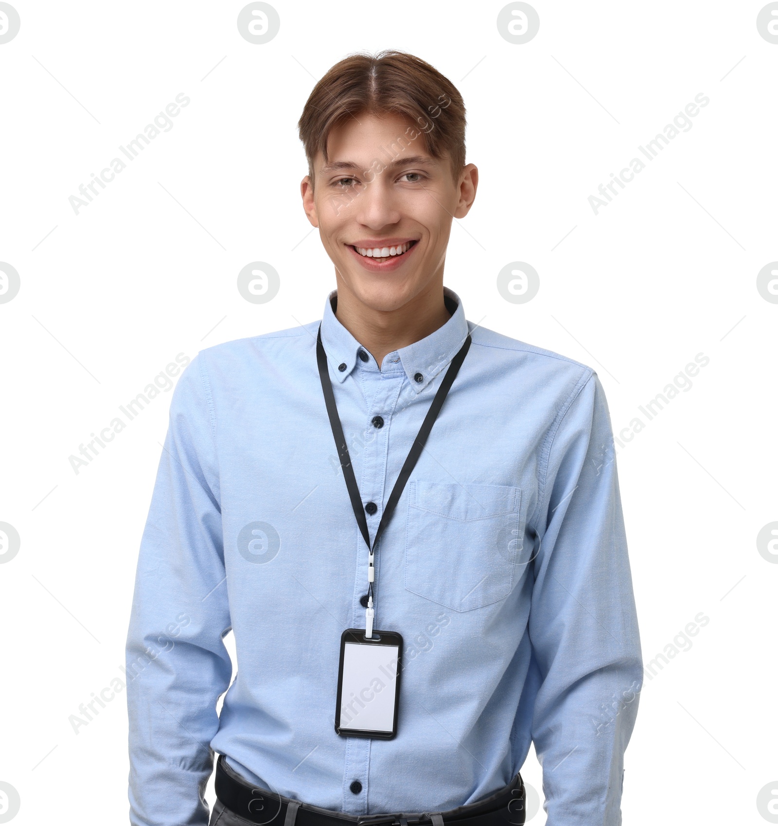 Photo of Happy man with blank badge on white background