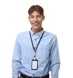 Happy man with blank badge on white background