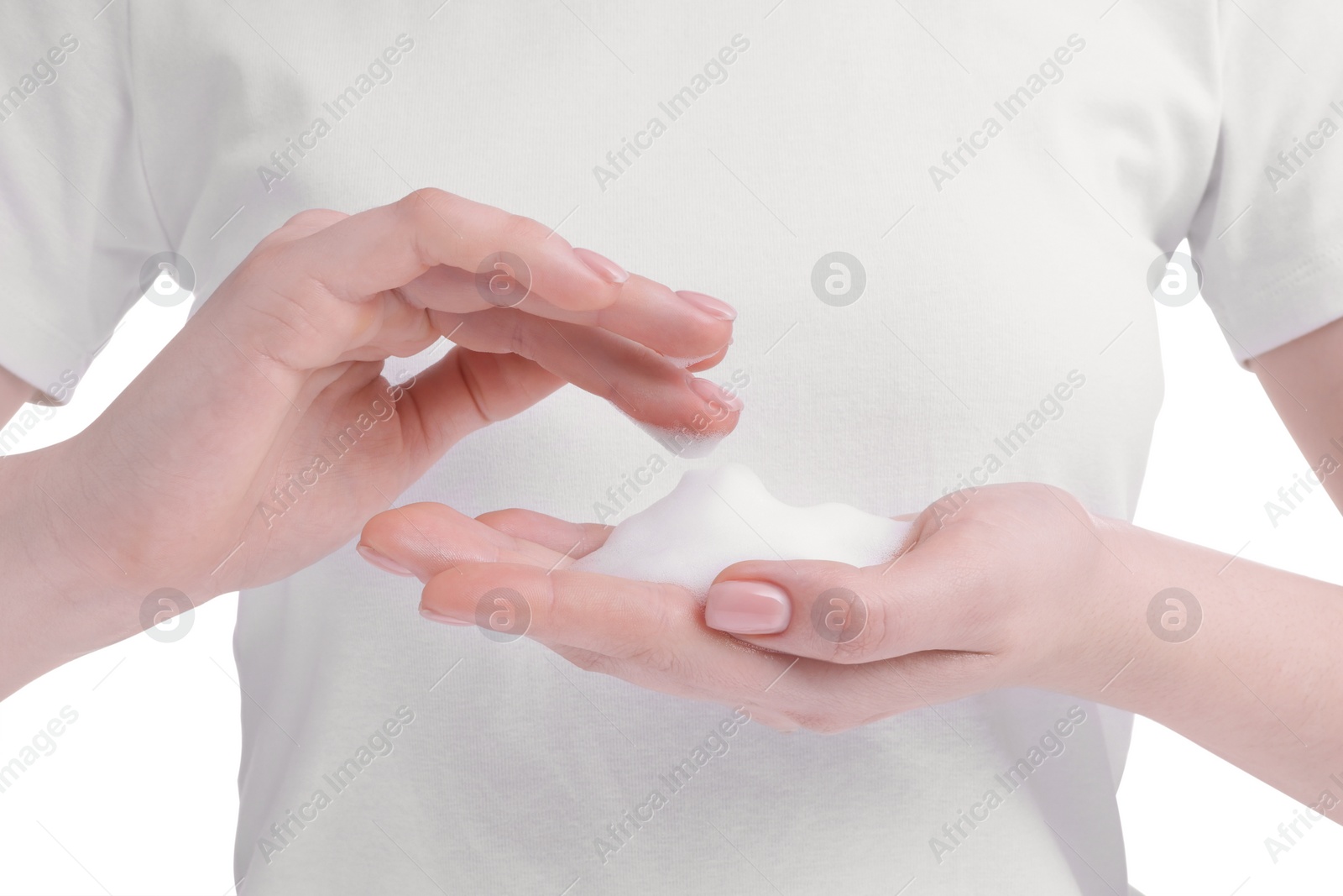 Photo of Woman with bath foam on white background, closeup