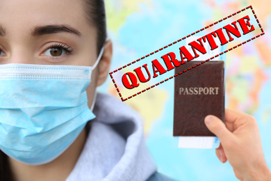 Image of Stop travelling during coronavirus quarantine. Woman with medical mask 