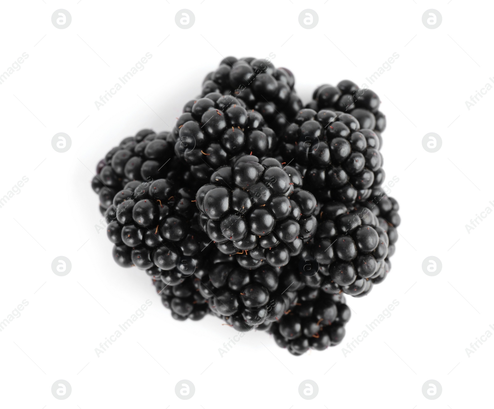Photo of Tasty ripe blackberries on white background, top view