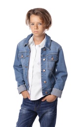 Portrait of cute little boy in casual outfit on white background