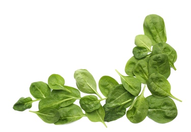 Frame made of spinach leaves isolated on white, top view