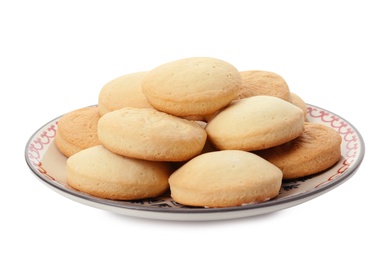 Plate with cookies for Islamic holidays isolated on white. Eid Mubarak