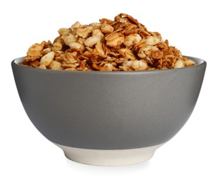 Photo of Ceramic bowl with granola isolated on white. Cooking utensil