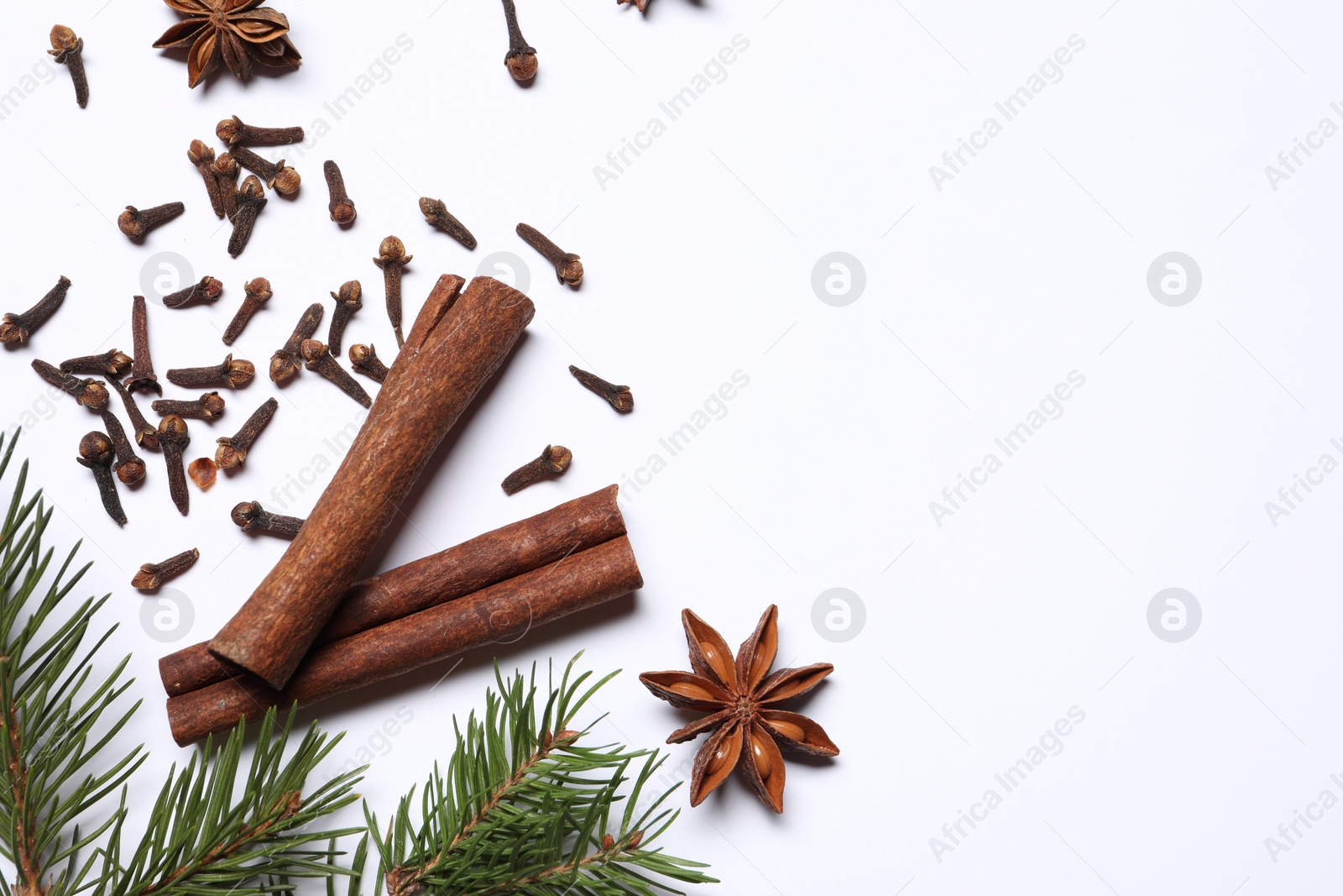 Photo of Different spices and fir branches on white table, flat lay. Space for text