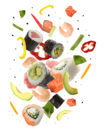 Different sushi rolls and ingredients on white background