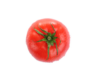 Photo of Fresh ripe organic tomato with water drops isolated on white, top view