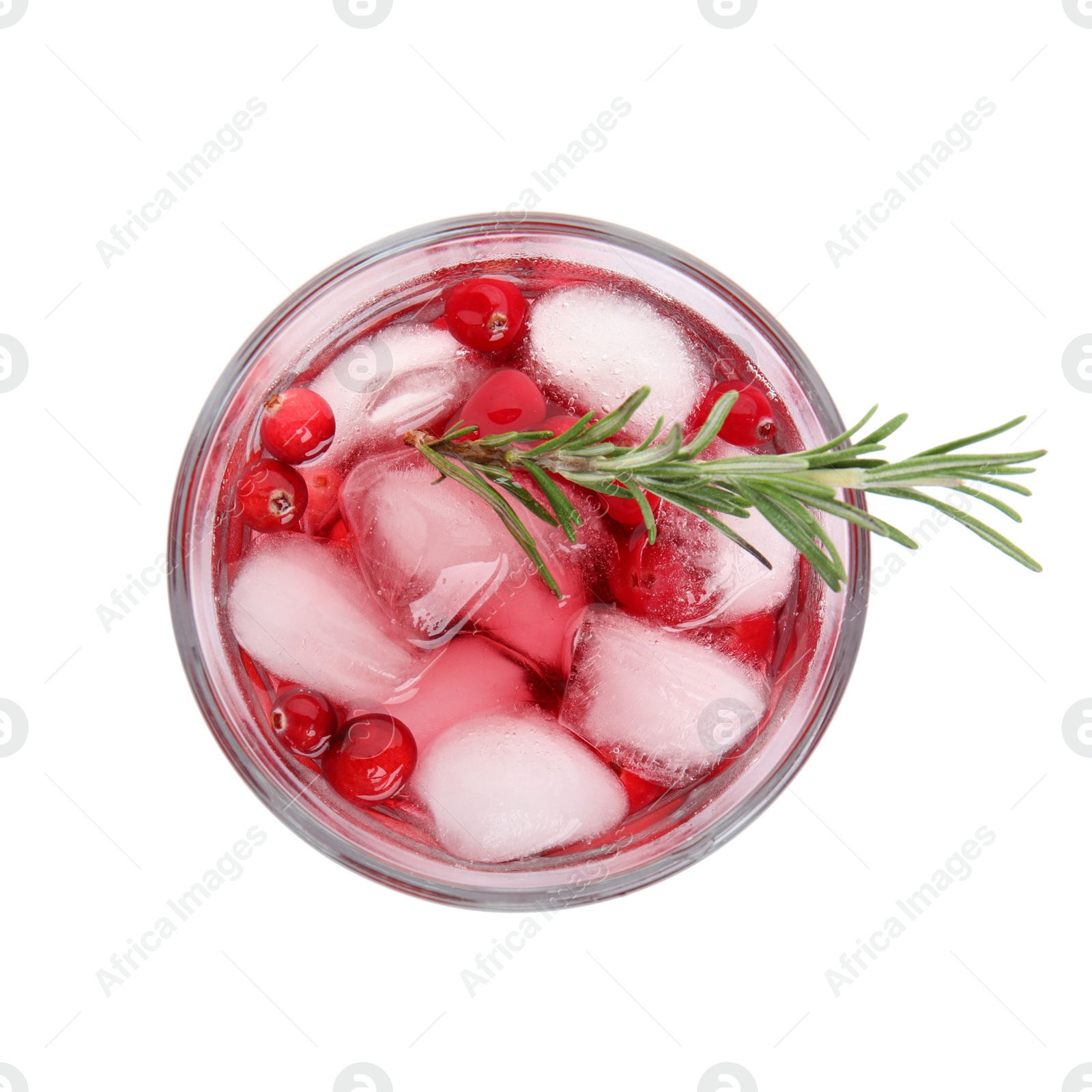 Photo of Tasty refreshing cranberry cocktail with rosemary isolated on white, top view