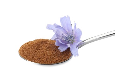 Photo of Spoon of chicory powder with flower isolated on white