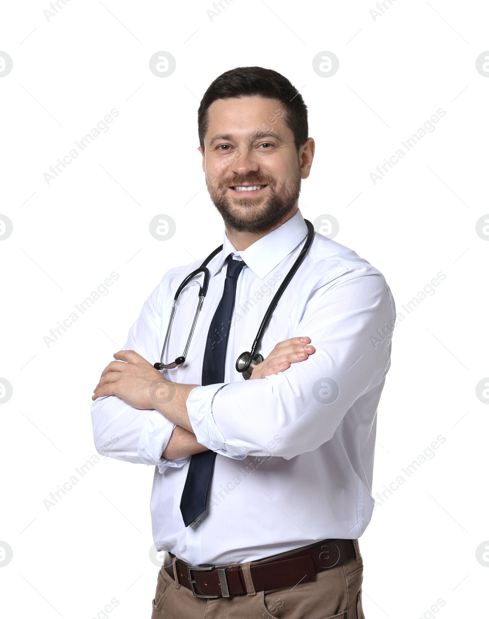 Photo of Portrait of happy doctor with stethoscope on white background