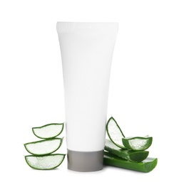 Body cream with aloe vera and sliced leaves on white background