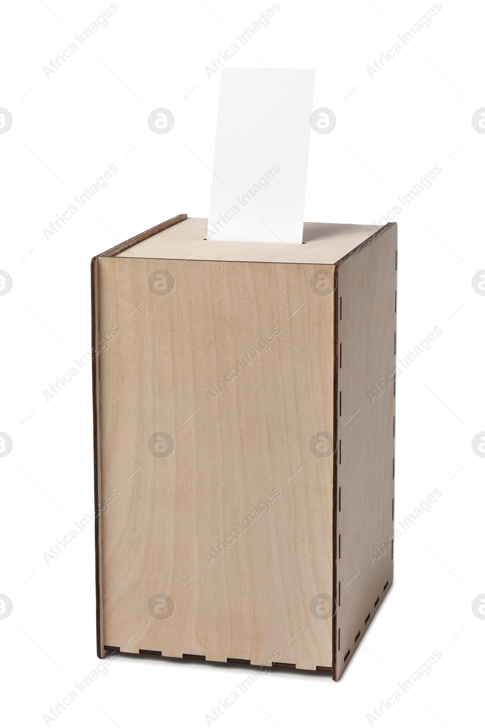 Photo of Wooden ballot box with vote isolated on white