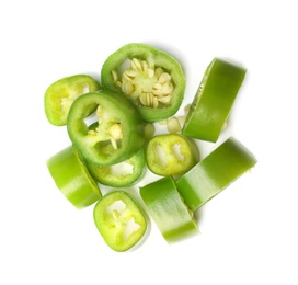 Photo of Pile of cut green hot chili peppers on white background, top view