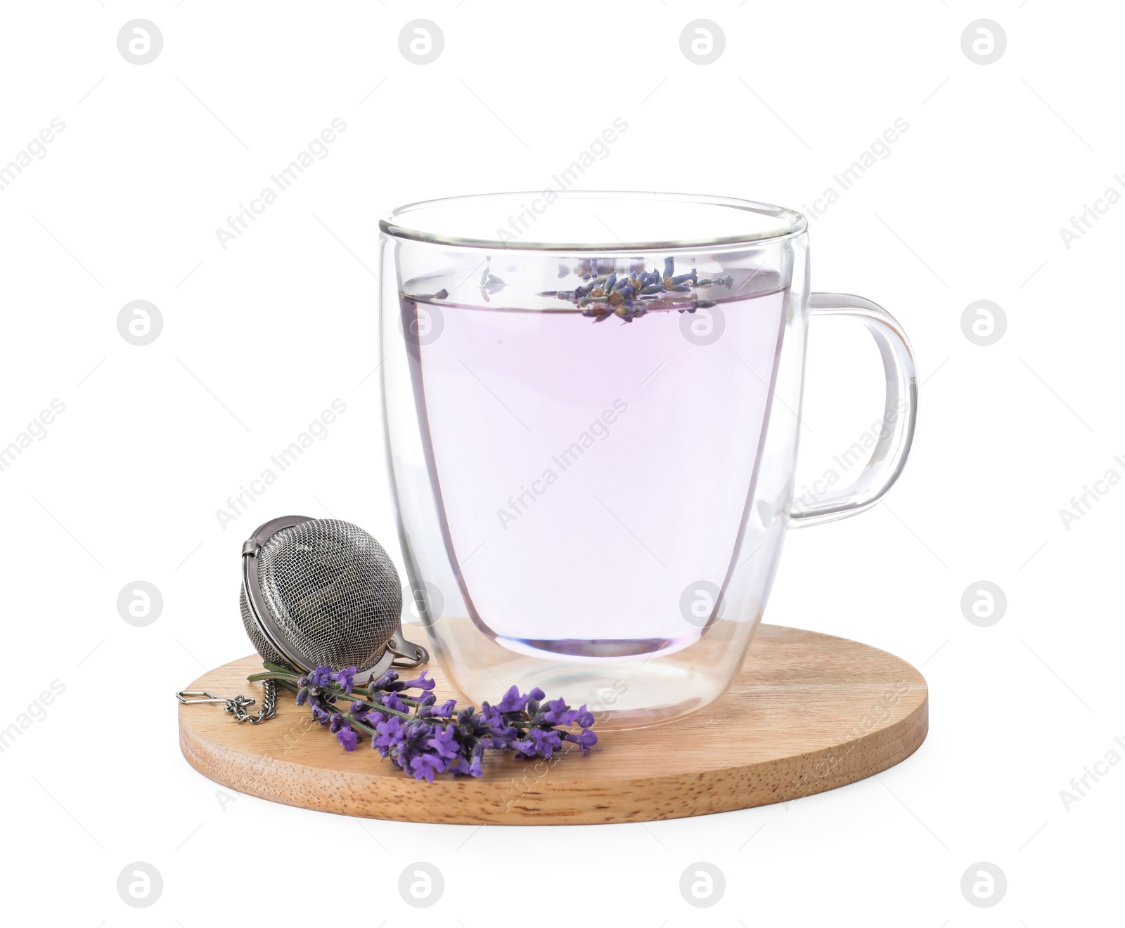 Photo of Fresh delicious drink with lavender, strainer and beautiful flowers isolated on white