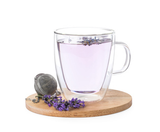 Photo of Fresh delicious drink with lavender, strainer and beautiful flowers isolated on white