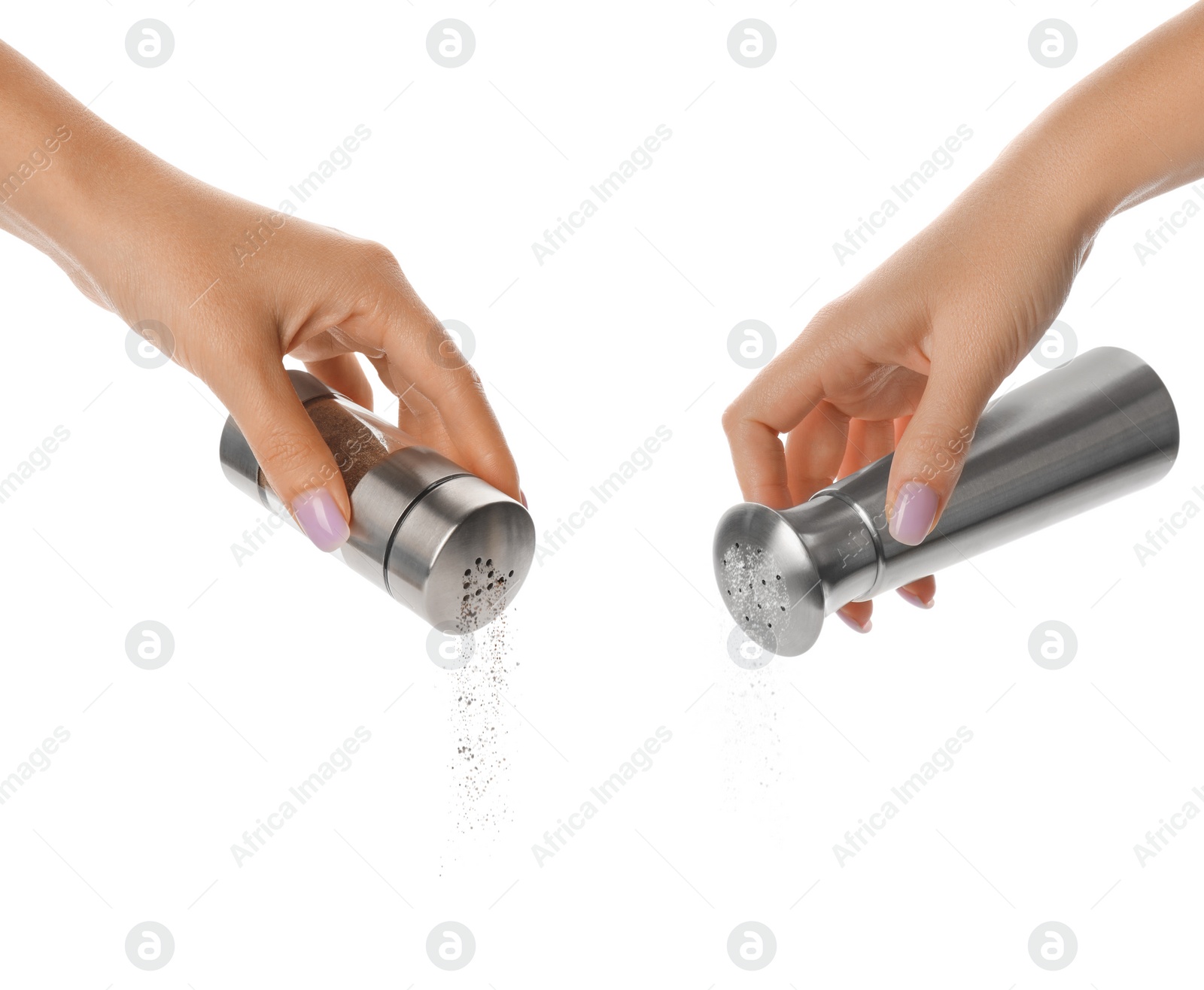 Image of Collage with photos of women holding pepper and salt shakers on white background, closeup