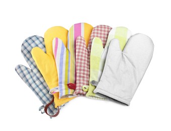 Oven gloves for hot dishes on white background, top view