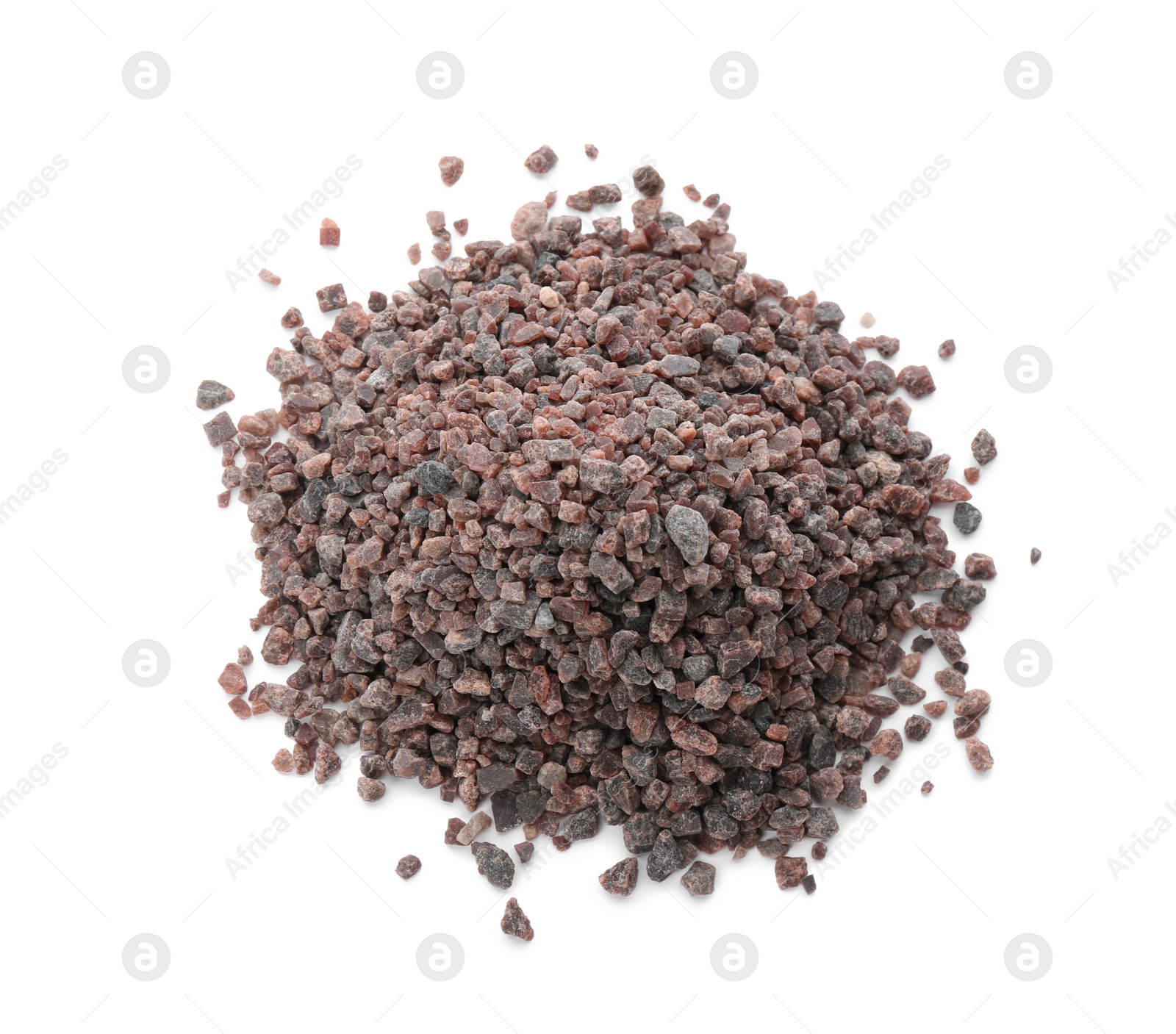 Photo of Pile of Himalayan black salt isolated on white, top view